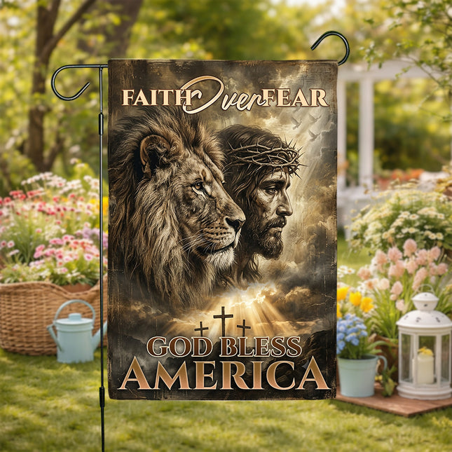 Faith Over Fear God Bless America Lion Jesus Flag
