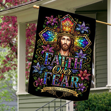 Faith Over Fear Stained Glass Jesus One Nation Under God Flag
