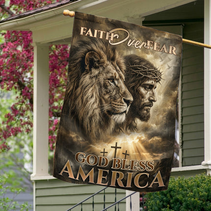 Faith Over Fear God Bless America Lion Jesus Flag