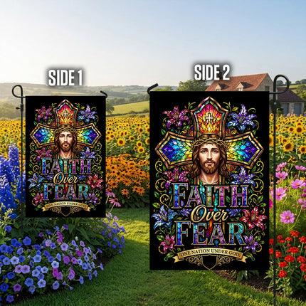 Faith Over Fear Stained Glass Jesus One Nation Under God Flag