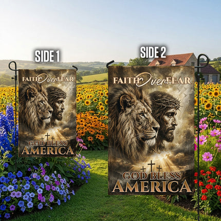 Faith Over Fear God Bless America Lion Jesus Flag