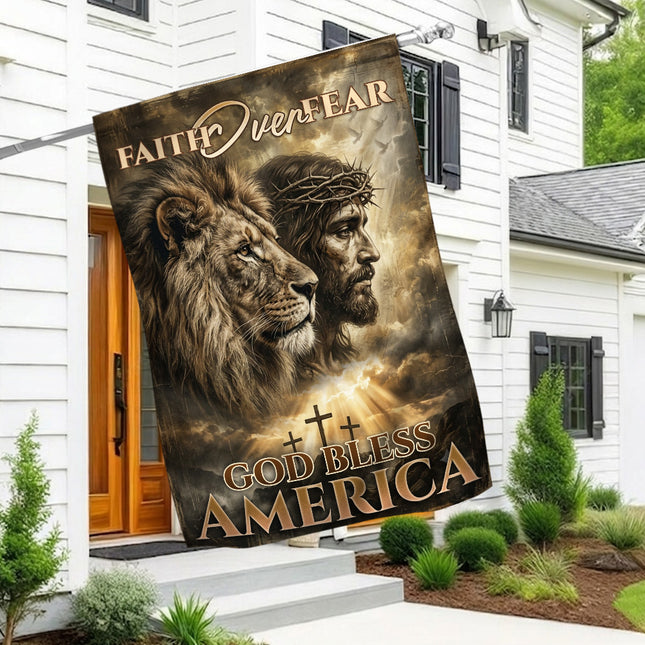 Faith Over Fear God Bless America Lion Jesus Flag