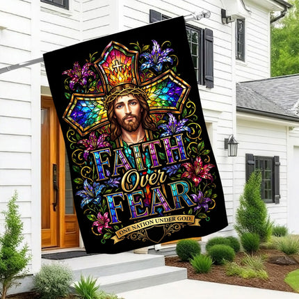 Faith Over Fear Stained Glass Jesus One Nation Under God Flag