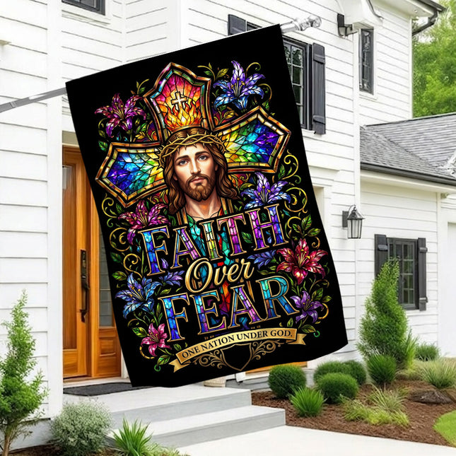 Faith Over Fear Stained Glass Jesus One Nation Under God Flag