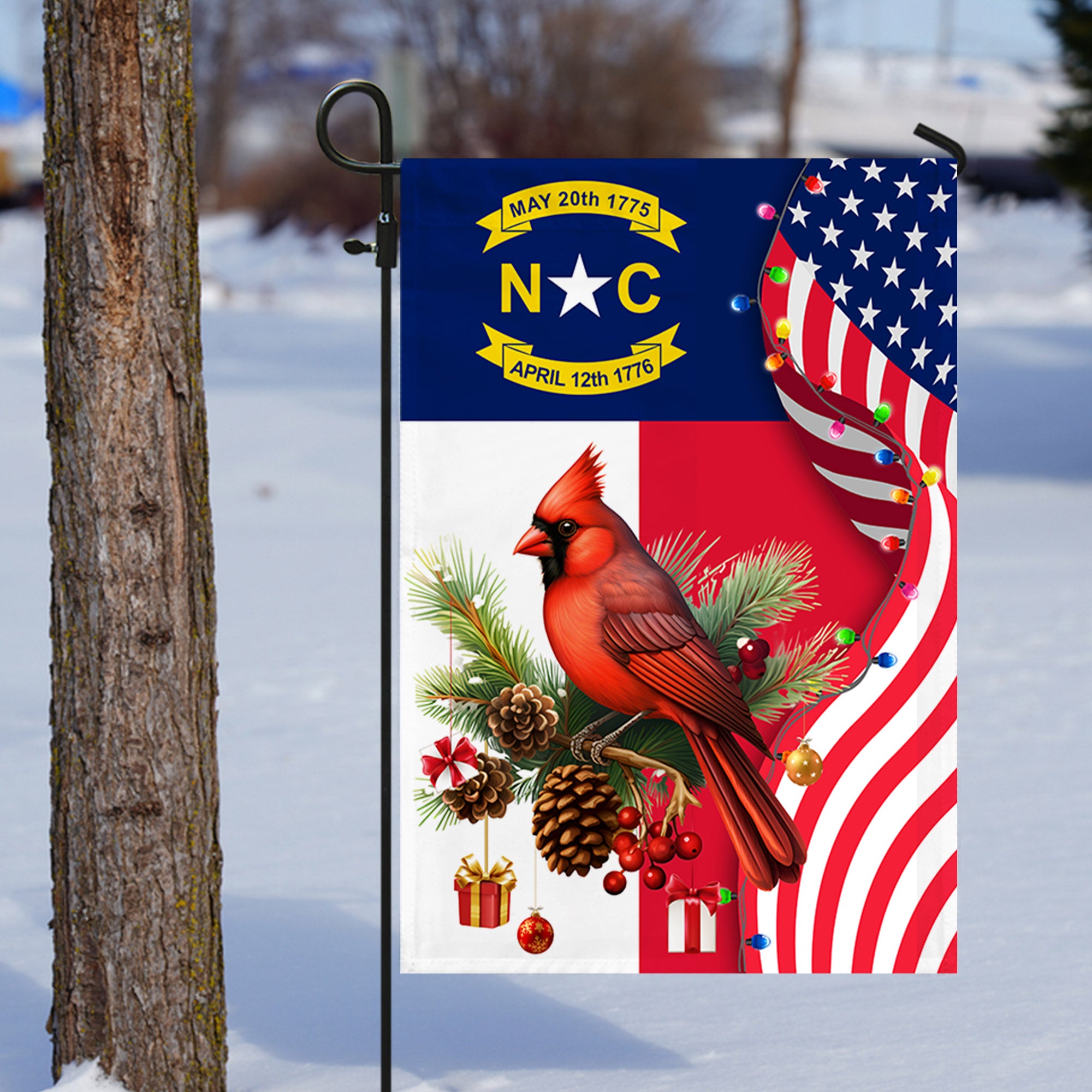North Carolina State Xmas Flag - Merry Christmas Welcome Gift