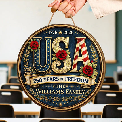 Personalized Patriotic USA Round Wooden Sign