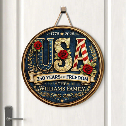 Personalized Patriotic USA Round Wooden Sign