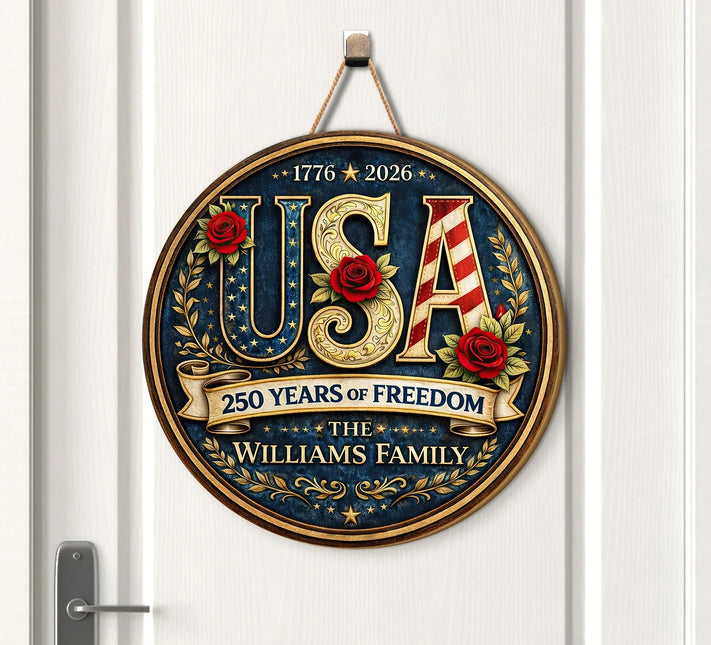 Personalized Patriotic USA Round Wooden Sign