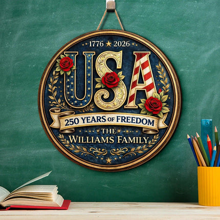 Personalized Patriotic USA Round Wooden Sign