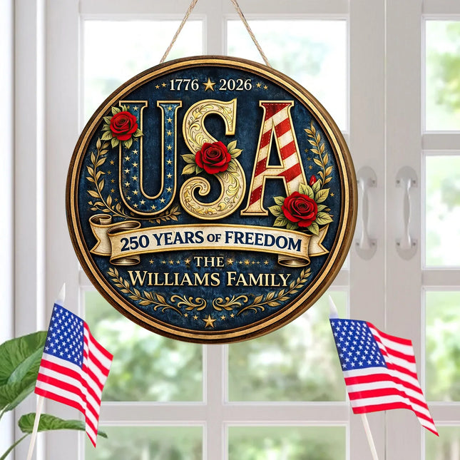Personalized Patriotic USA Round Wooden Sign