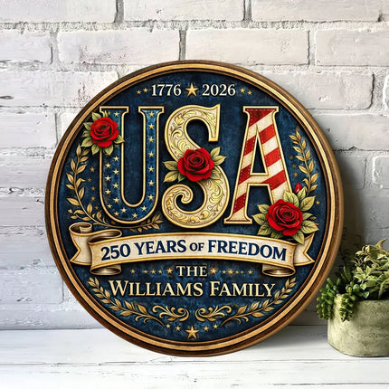 Personalized Patriotic USA Round Wooden Sign