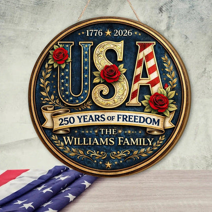 Personalized Patriotic USA Round Wooden Sign