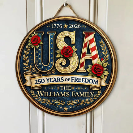 Personalized Patriotic USA Round Wooden Sign