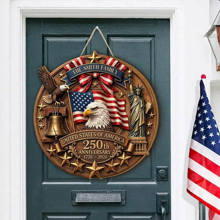 Personalized Patriotic 250th Anniversary Round Wooden Sign