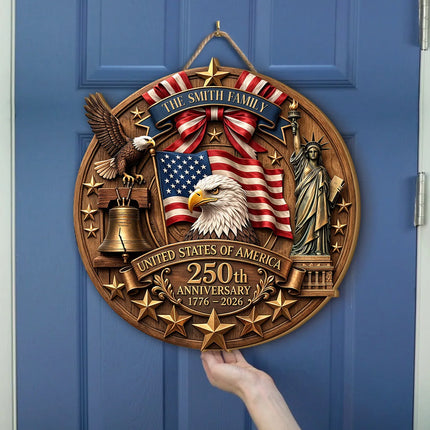 Personalized Patriotic 250th Anniversary Round Wooden Sign