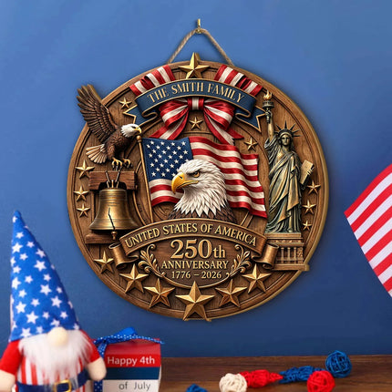Personalized Patriotic 250th Anniversary Round Wooden Sign