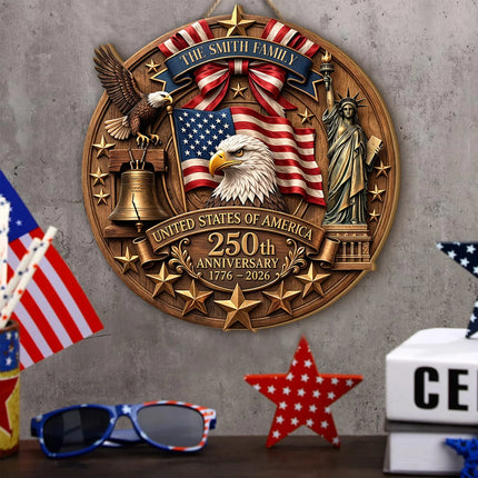 Personalized Patriotic 250th Anniversary Round Wooden Sign