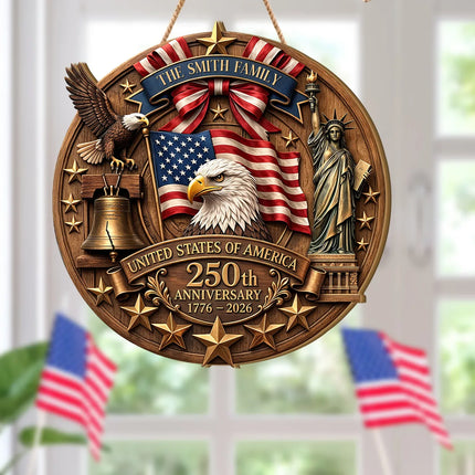 Personalized Patriotic 250th Anniversary Round Wooden Sign