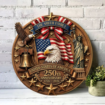 Personalized Patriotic 250th Anniversary Round Wooden Sign