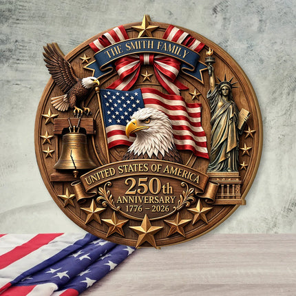 Personalized Patriotic 250th Anniversary Round Wooden Sign