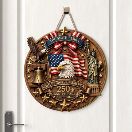 Personalized Patriotic 250th Anniversary Round Wooden Sign