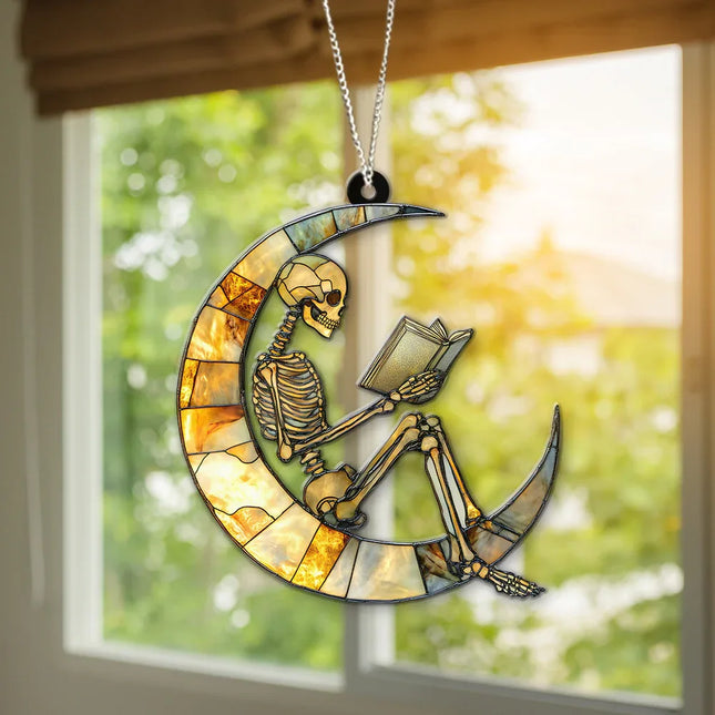 Skeleton Suncatcher, Reading Skeleton Ornament, Book Lover Decor,Halloween Suncatcher,Unique Skeleton Art,Skull Reading Decor,Halloween Gift - Charming Present