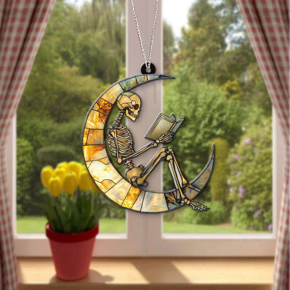 Skeleton Suncatcher, Reading Skeleton Ornament, Book Lover Decor,Halloween Suncatcher,Unique Skeleton Art,Skull Reading Decor,Halloween Gift