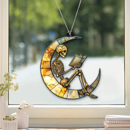 Skeleton Suncatcher, Reading Skeleton Ornament, Book Lover Decor,Halloween Suncatcher,Unique Skeleton Art,Skull Reading Decor,Halloween Gift - Charming Present