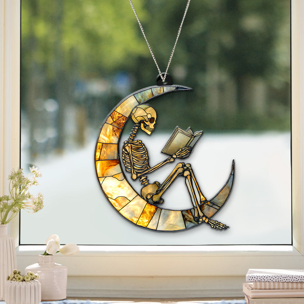 Skeleton Suncatcher, Reading Skeleton Ornament, Book Lover Decor,Halloween Suncatcher,Unique Skeleton Art,Skull Reading Decor,Halloween Gift
