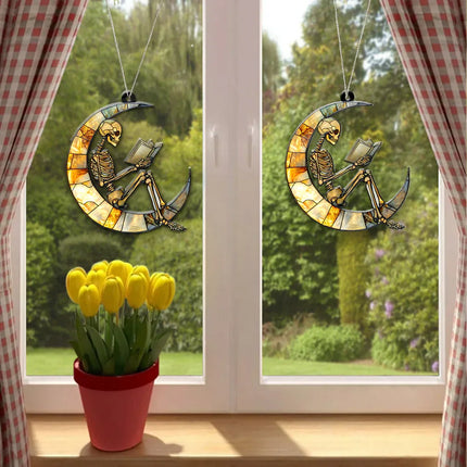 Skeleton Suncatcher, Reading Skeleton Ornament, Book Lover Decor,Halloween Suncatcher,Unique Skeleton Art,Skull Reading Decor,Halloween Gift - Charming Present