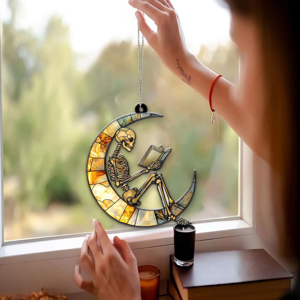 Skeleton Suncatcher, Reading Skeleton Ornament, Book Lover Decor,Halloween Suncatcher,Unique Skeleton Art,Skull Reading Decor,Halloween Gift