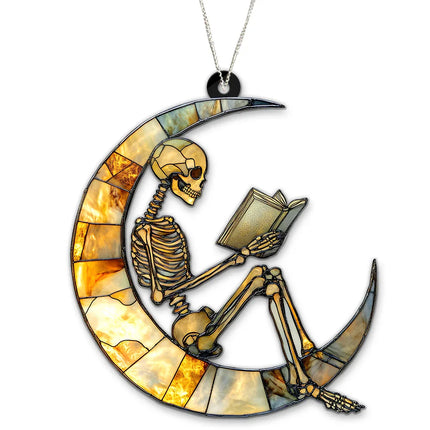 Skeleton Suncatcher, Reading Skeleton Ornament, Book Lover Decor,Halloween Suncatcher,Unique Skeleton Art,Skull Reading Decor,Halloween Gift - Charming Present