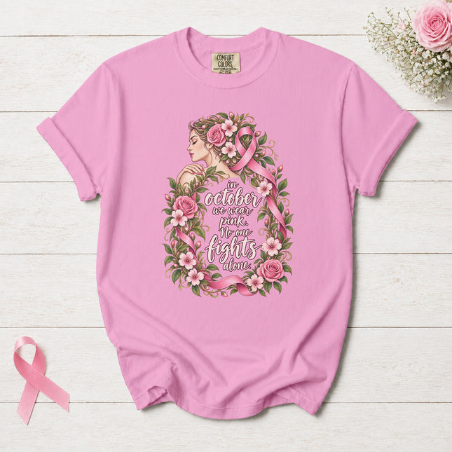Comfort Colors Breast Cancer Awareness October Pink Ribbon Floral Support T-Shirt
