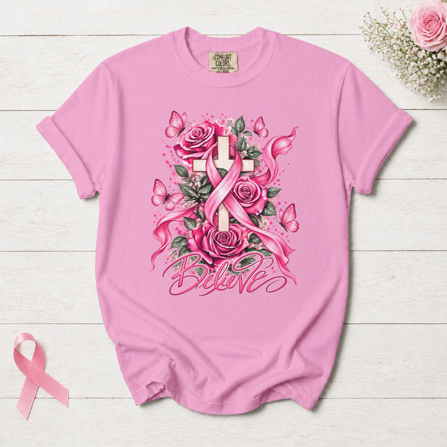 Comfort Colors Breast Cancer Awareness Believe Pink Ribbon Faith Floral T-Shirt