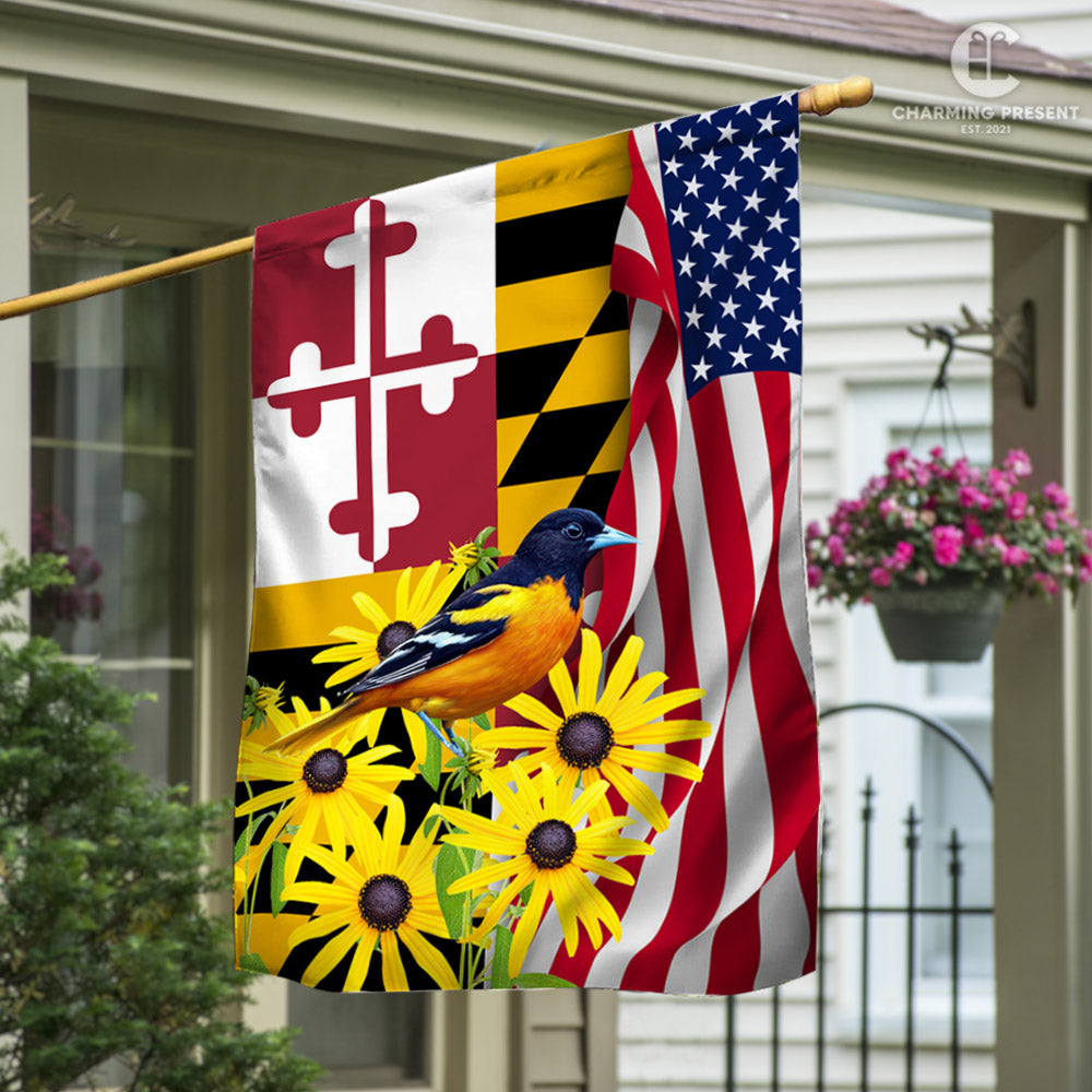 Maryland Black-eyed Susan Flower And Baltimore Oriole Bird Flag
