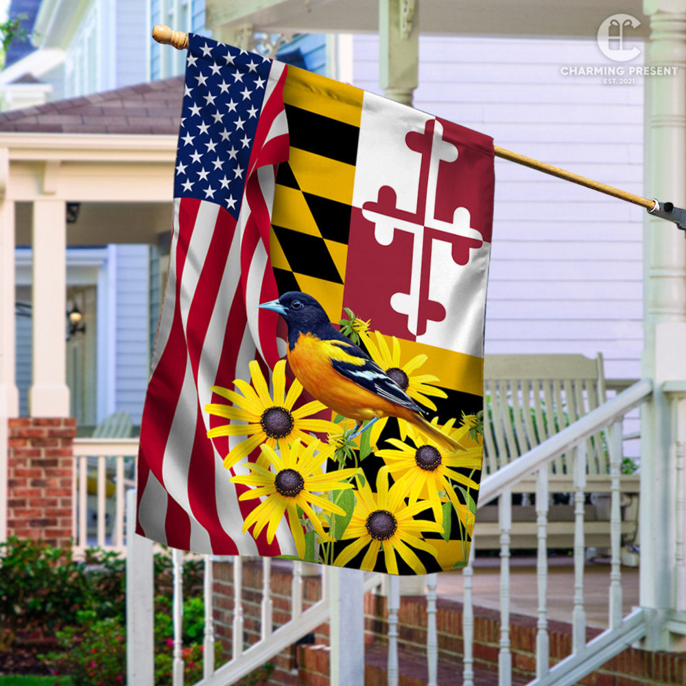 Maryland Black-eyed Susan Flower And Baltimore Oriole Bird Flag