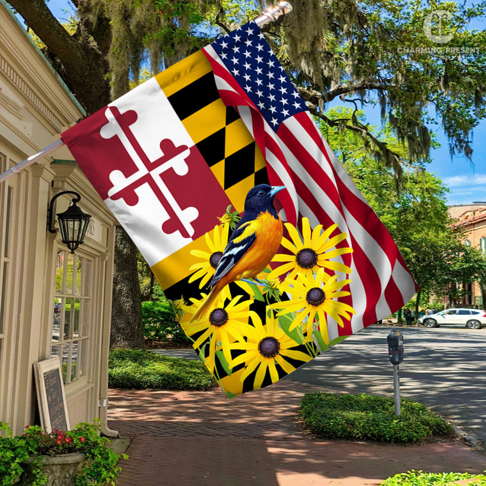 Maryland Black-eyed Susan Flower And Baltimore Oriole Bird Flag