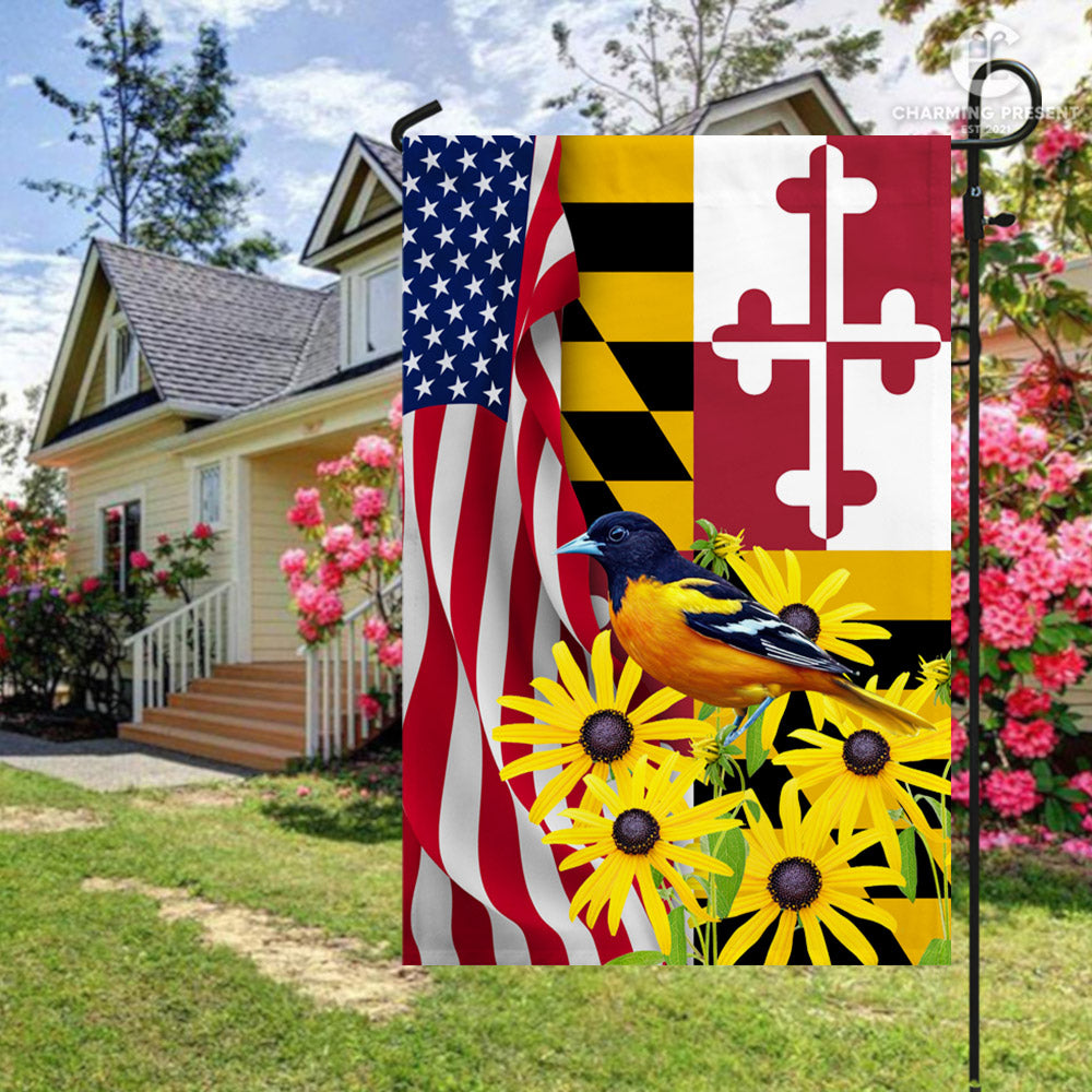 Maryland Black-eyed Susan Flower And Baltimore Oriole Bird Flag
