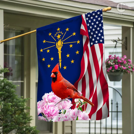 Indiana State Flag Cardinal With Peony Flower - Charming Present