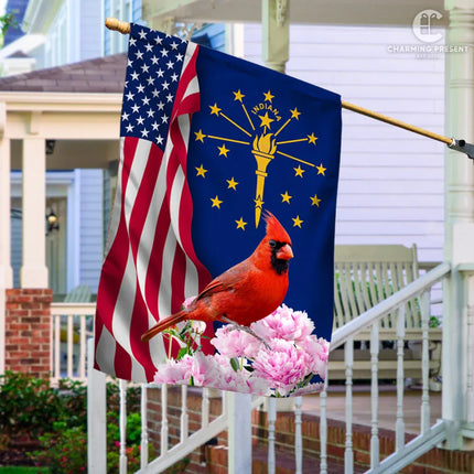 Indiana State Flag Cardinal With Peony Flower - Charming Present