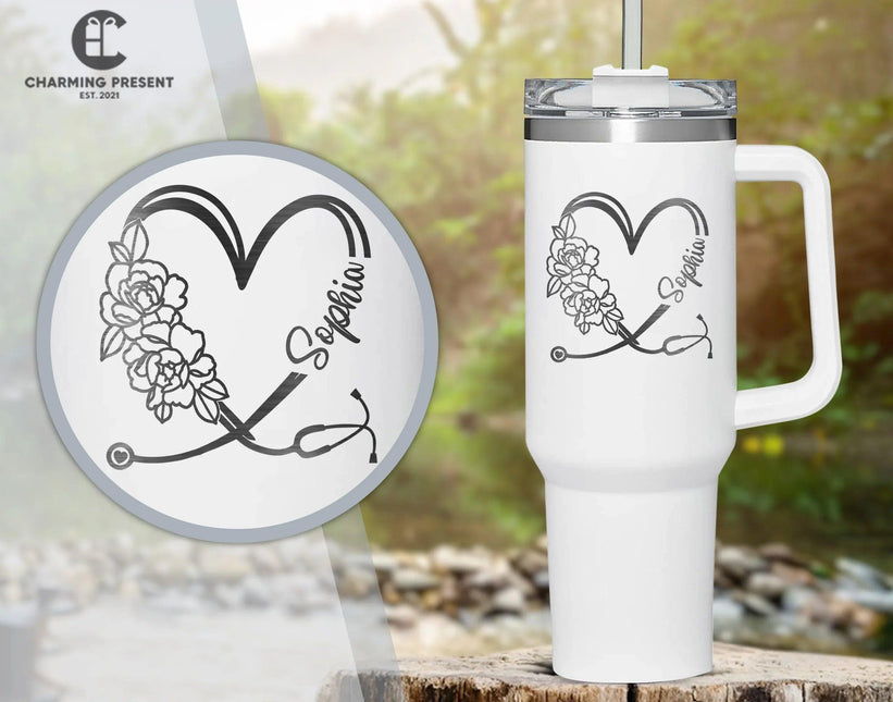 Personalized Stethoscope Heart Name 40oz Tumbler - Nurse Gifts - Charming Present