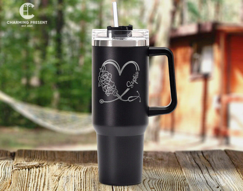 Personalized Stethoscope Heart Name 40oz Tumbler - Nurse Gifts - Charming Present