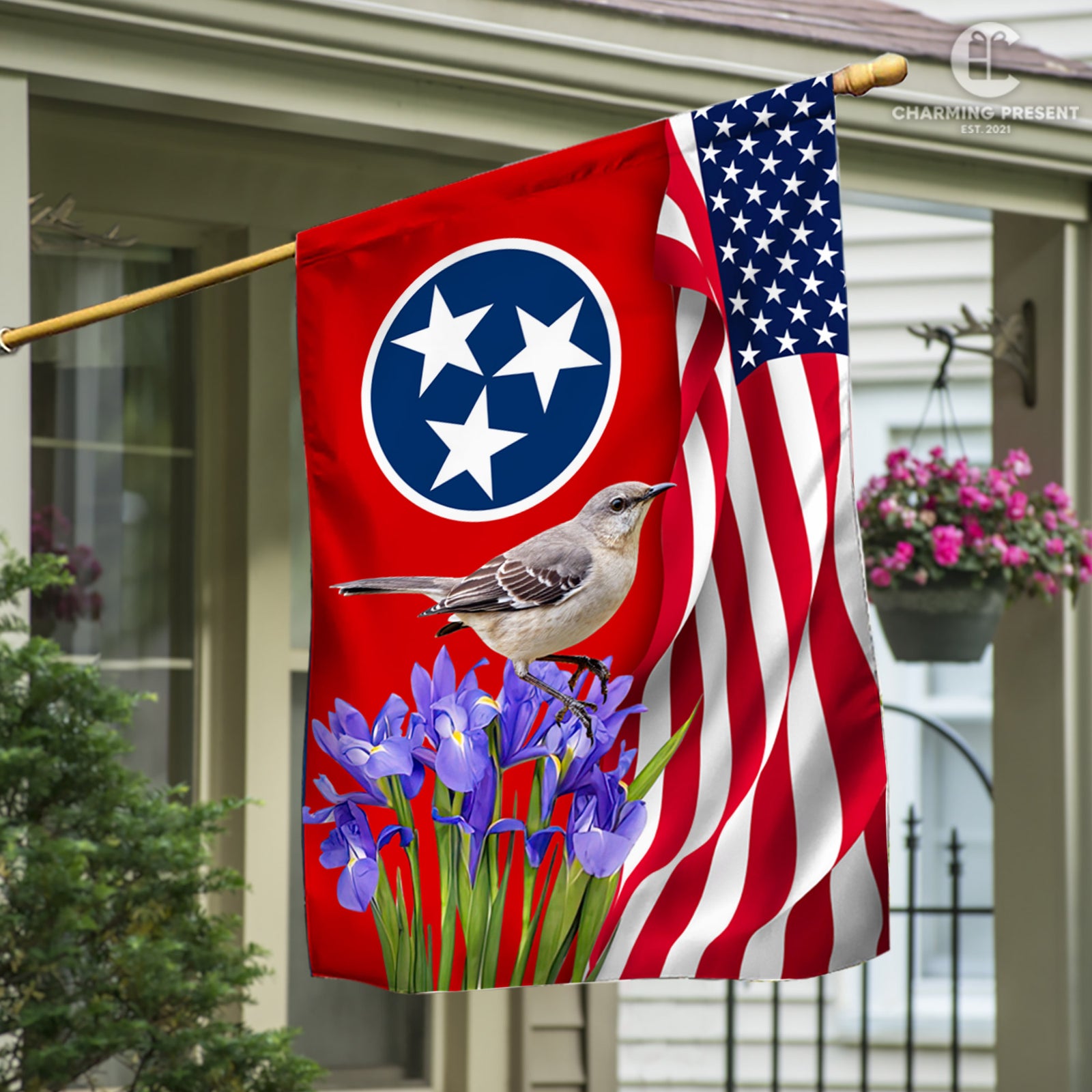 Tennessee State Flag Mockingbird With Iris Flower - American Tennessee State Decoration