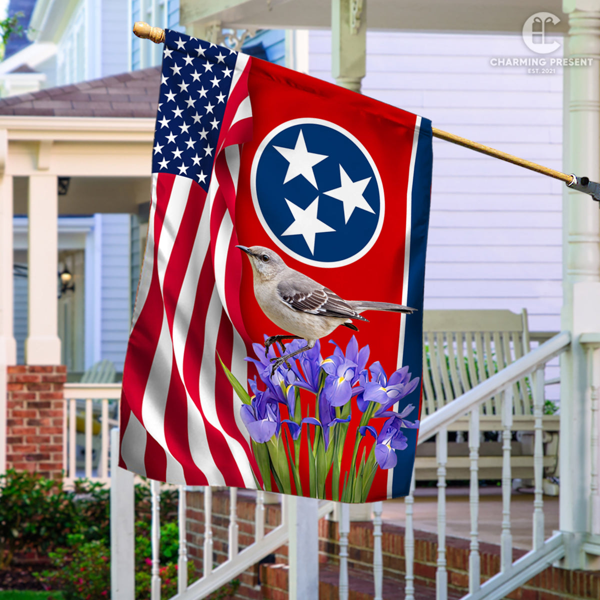 Tennessee State Flag Mockingbird With Iris Flower - American Tennessee State Decoration