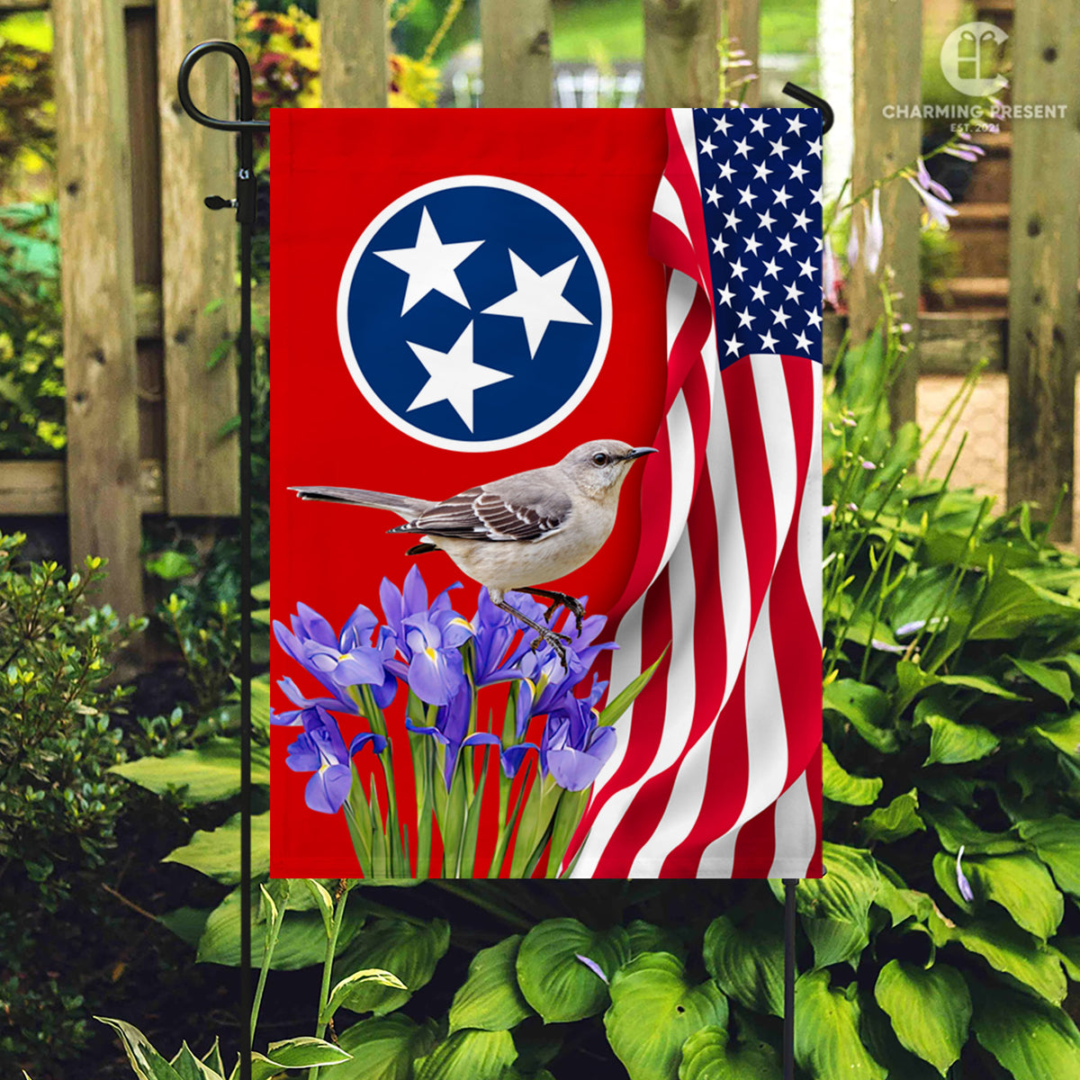 Tennessee State Flag Mockingbird With Iris Flower - American Tennessee State Decoration