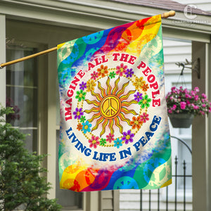 Imagine All The People Living Life In Peace Flag - Peace Sign Hippie Flag