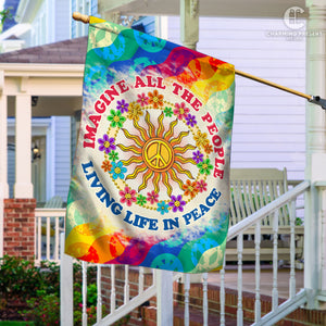 Imagine All The People Living Life In Peace Flag - Peace Sign Hippie Flag