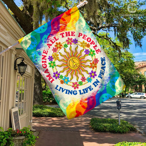 Imagine All The People Living Life In Peace Flag - Peace Sign Hippie Flag