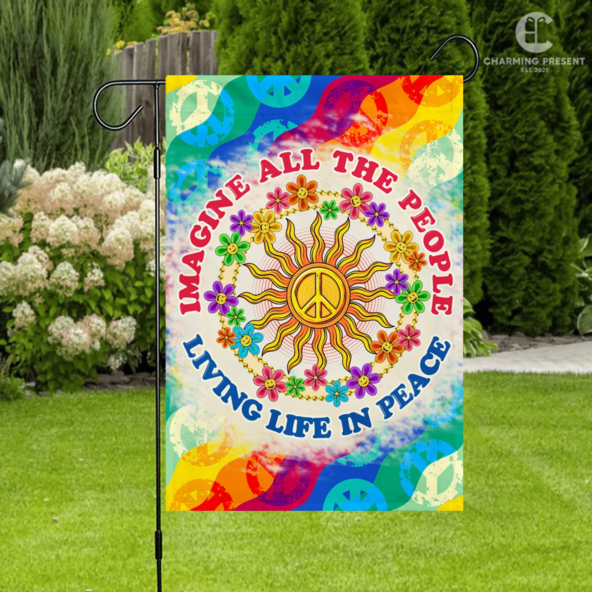 Imagine All The People Living Life In Peace Flag - Peace Sign Hippie Flag