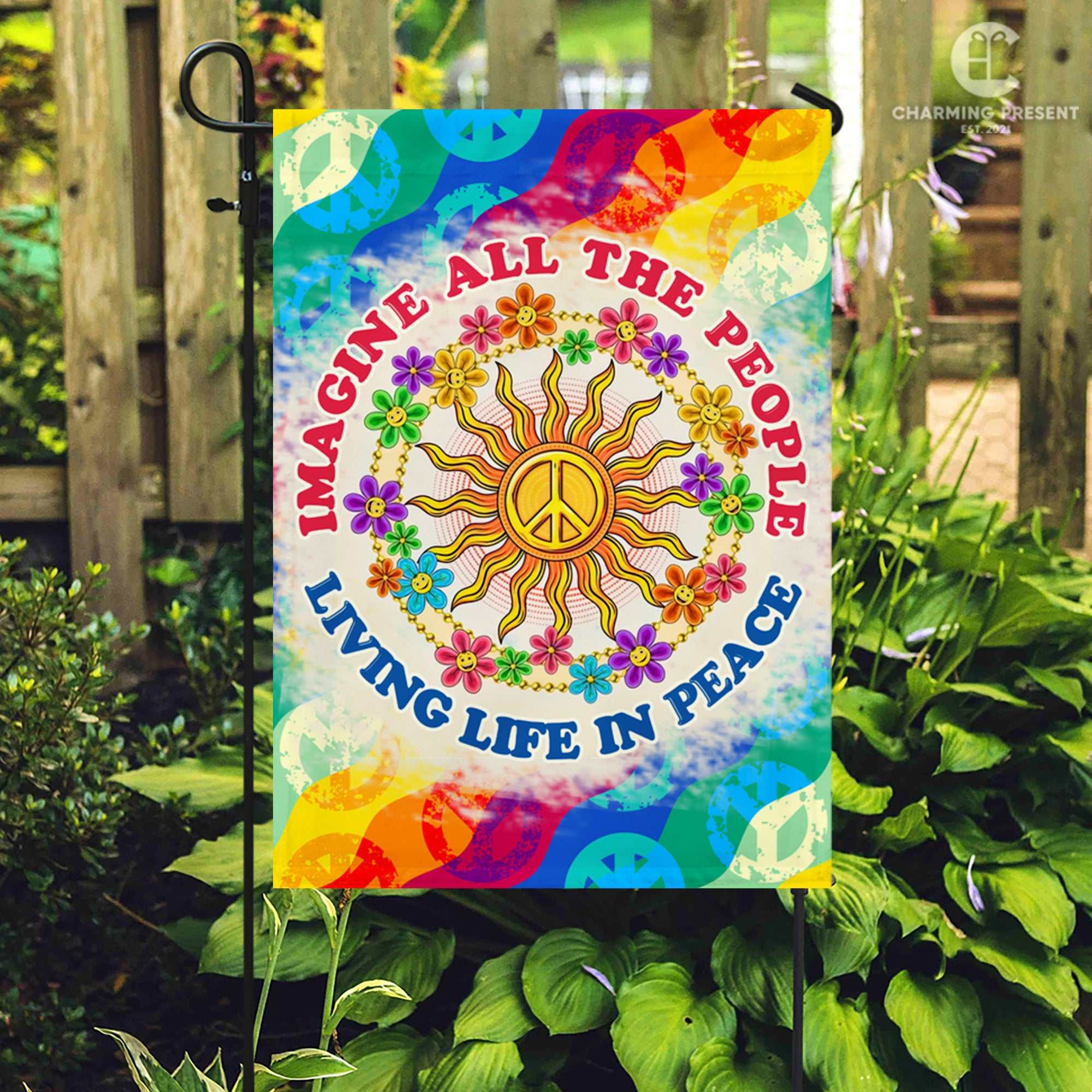 Imagine All The People Living Life In Peace Flag - Peace Sign Hippie Flag